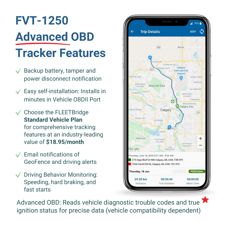 FLEETBridge FVT - 1250 Plug & Play Vehicle GPS Tracker, 4G LTE Canada & US (US Roaming included), 1 Year Device Warranty. OBD & Virtual Ignition detection. - FleetBridge Store (FBe)