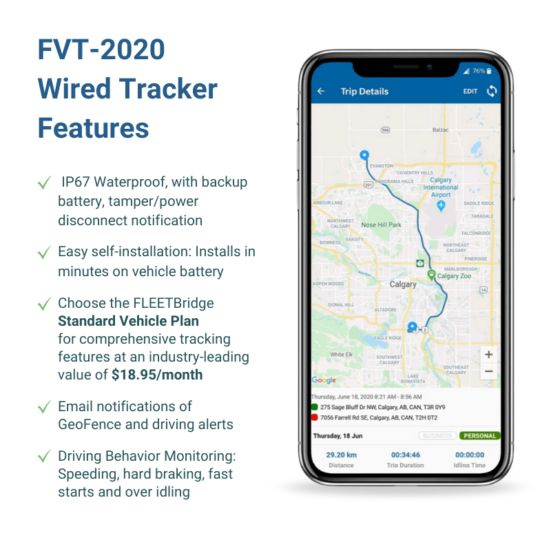 FLEETBridge FVT - 2020 Simple 2 - Wire Waterproof Vehicle GPS Tracker, 4G LTE Canada & US (US Roaming included), 1 Year Device Warranty - FleetBridge Store (FBe)